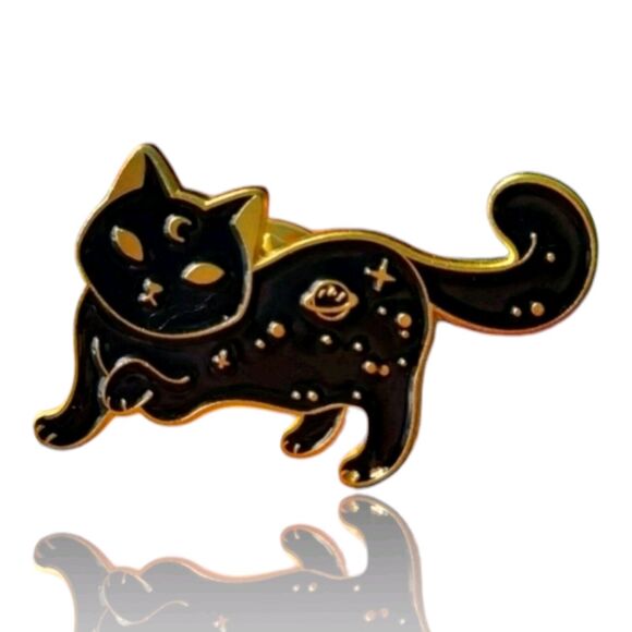 Black & Gold Cat Enamel Pin Mystical magical Spooky Cat Fashion pins Moon planet - Picture 11 of 11